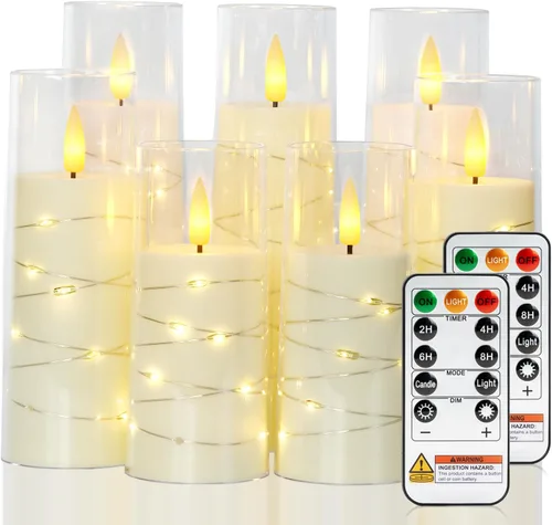Raycare Vela sin llama con temporizador remoto, 7 velas LED de acrílico parpadeantes con cuerda de estrella integrada para Navidad, boda, decoración