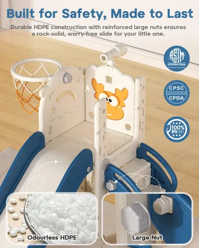 Miniatura 3 de BIERUM Tobogán para niños, juego de 6 en 1 para interiores y exteriores con aro de baloncesto, juego de golf y telescopio, juego de tobogán y Azul