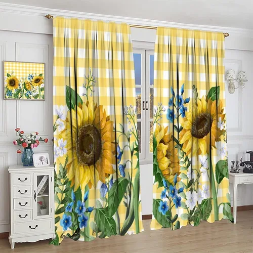 Miniatura 4 de Cortinas opacas con diseño de girasol, rústico, con diseño de girasol, mariposa, verde, amarillo, negro, para niñas, mujeres, dormitorio, sala