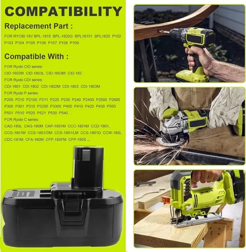 Miniatura 2 de ARyee Paquete de 2 baterías de 18 V, 6.0 Ah, repuesto para herramientas inalámbricas Ryobi P107 P108 P109, batería de iones de litio