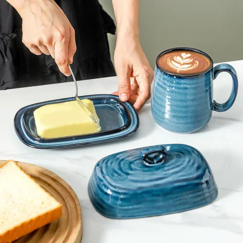Miniatura 4 de glowworm Mantequillera de cerámica con tapa, plato de mantequilla de 7.3 pulgadas con asa, platos de mantequilla de granja para encimera, decoración