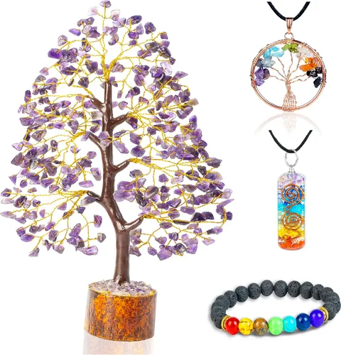 Miniatura 14 de Árbol de la vida de los siete chakras con cristales con pulsera y 2 colgantes – Decoración de bonsái Feng Shui con cristales curativos, regalos