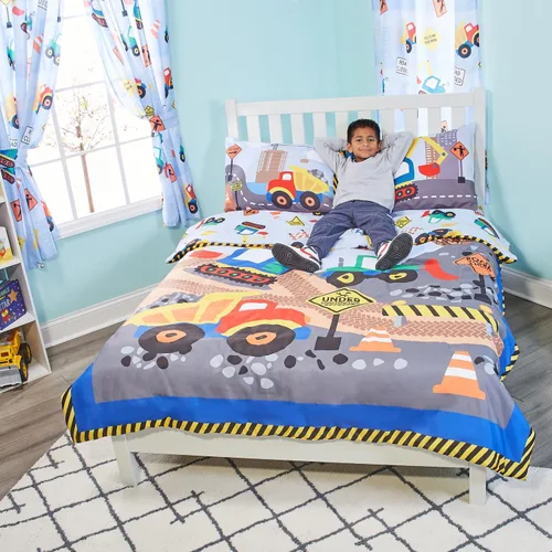 Miniatura 7 de EVERYDAY KIDS Edredón de cama tamaño individual/matrimonial para niños pequeños con camiones volquete y excavadoras; ropa de cama para niños