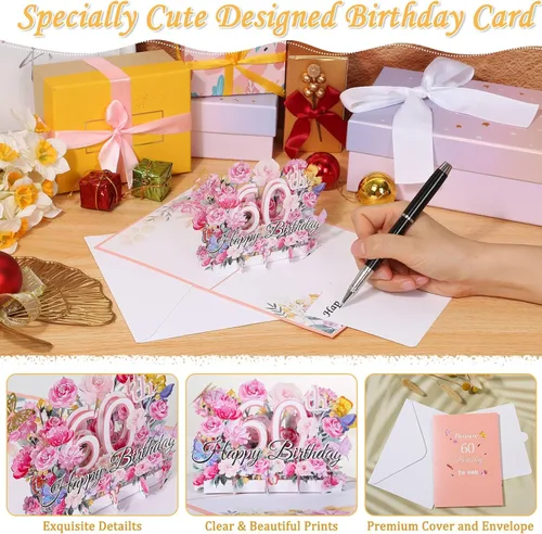 Miniatura 5 de Tarjeta desplegable de 60 cumpleaños para ella, tarjeta de felicitación desplegable de feliz 60 cumpleaños para mujeres, hermosa tarjeta