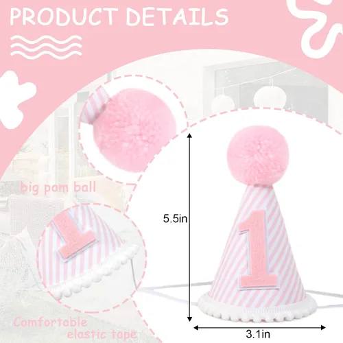 Miniatura 2 de Sombrero de fiesta de primer cumpleaños rosa y blanco - Corona de primer cumpleaños para niña con accesorios para fotos para decoraciones y vestidor