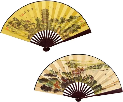Miniatura 8 de Fox Baby Abanicos de mano plegables de 2 piezas, tela de bambú de 13 pulgadas, abanicos de mano grandes con pintura tradicional china para Gran