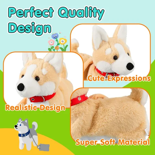 Miniatura 6 de HCdoujoy Perro Corgi juguete que camina y ladra, cachorro interactivo musical que canta y baila con control de volumen, camina con correa, menea