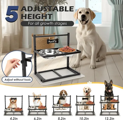 Miniatura 3 de ADENGL Tazones elevados para perros con alimentador lento, 5 alturas ajustables, antideslizante, marco de metal duradero, tapete a prueba de Negro