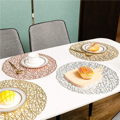 Miniatura 7 de Manteles individuales redondos dorados para mesa de comedor, juego de 6 manteles individuales metálicos con líneas huecas circulares de vinilo