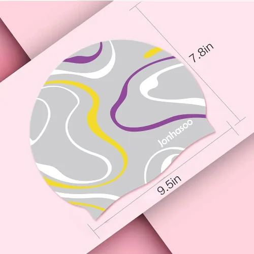 Miniatura 2 de Gorro de natación de silicona para mujer, gorras de natación impermeables de pelo largo con rayas de color impresas Gris