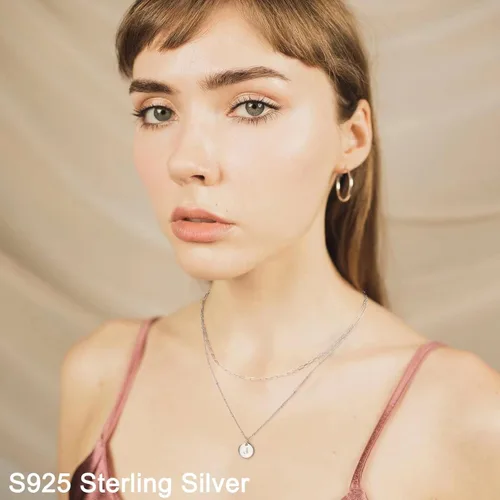 Miniatura 6 de Collares de plata de ley S925 con iniciales en capas para mujer, chapado en oro blanco de 18 quilates, collar de cadena de clip de plata de ley