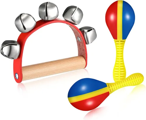 Juego de 3 piezas de maracas de pandereta de madera, campanas de trineo, campanas de pandereta, maracas, sonajero, instrumento musical, juego de