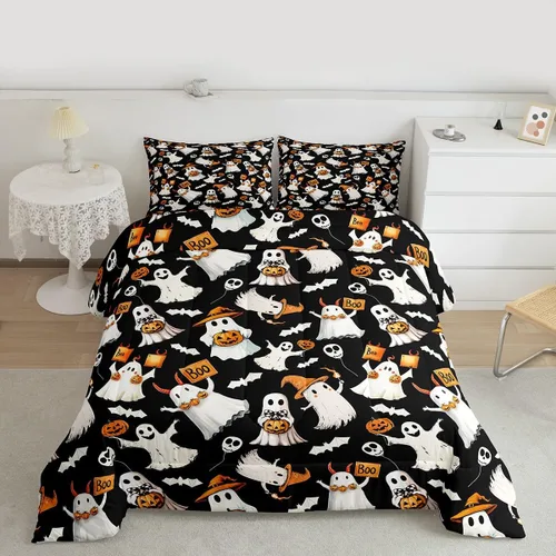 Miniatura 31 de Lindo juego de edredón de murciélago tamaño Queen con diseño de animales de Feliz Halloween, 3 piezas para decoración de habitación de niños