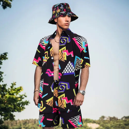 Miniatura 5 de Conjunto de 2 piezas de camisa y pantalones cortos retro de los años 80 y 90 con sombrero, trajes de playa hawaianos para hombres, fiesta