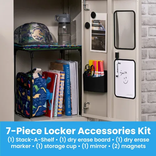 Miniatura 3 de LockerMate Kit organizador de casillero de 7 piezas, incluye estante de casillero, espejo, pizarra blanca, taza de almacenamiento y marcador de Negro