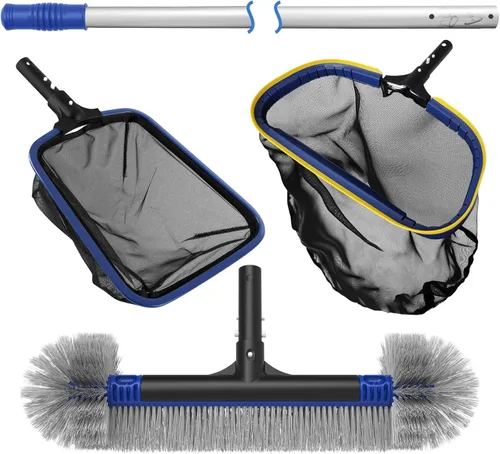 Poolvio Kit de limpieza de piscina 5 en 1: incluye red de desnatador semiprofunda, rastrillo de hojas de aluminio, cepillo de piscina de 20 pies con