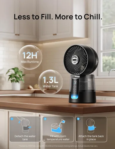 Miniatura 6 de DREO TurboCool Ventilador de nebulización 516, oscilación omnidireccional de 150°+30°, ventilador de enfriamiento de escritorio de caída de 5 ℉