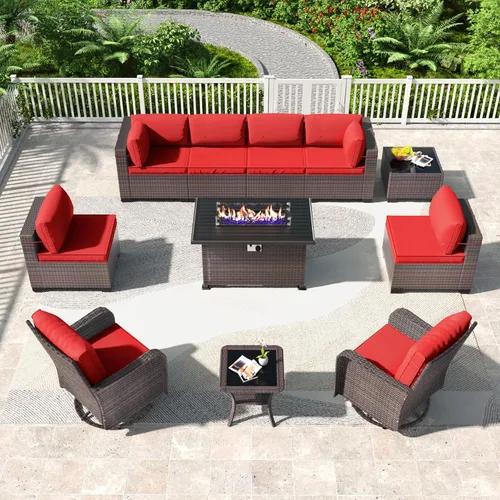 Miniatura 42 de Kullavik Juego de 13 muebles de patio al aire libre con mesa de fogata de gas propano de 43 pulgadas, 55000 BTU, mimbre de polietileno, sofá Arena
