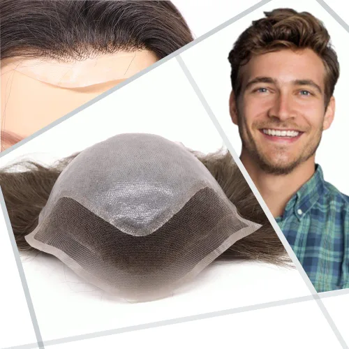 Miniatura 8 de Toupee - Peluca de cabello humano europeo con encaje frontal suizo y línea capilar natural para hombre, con piel sintética, sistema de reemplazo