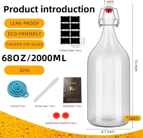 Miniatura 2 de Botella de vidrio abatible de 64 onzas con tapa abatible de 2 litros con tapón para bebidas, aceite, vinagre, kombucha, cerveza, agua, refrescos