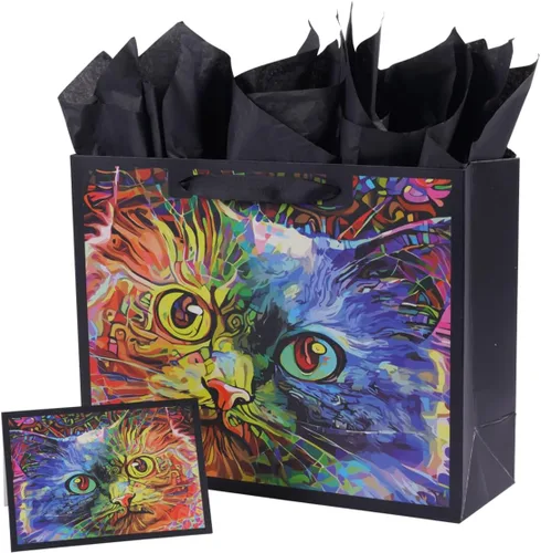 ysmile Bolsa de regalo negra de alta calidad con papel de envoltura con asa, tamaño grande para mujeres y hombres, 12 pulgadas, gato Gato (Large)