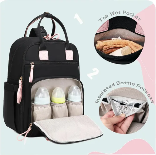 Miniatura 2 de LORADI Mochila grande de 18 bolsillos para pañales con bolsillos impermeables y hebilla para cochecito, bolso convertible para bebé (Negro, Grande)