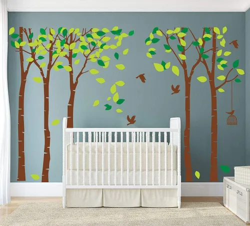 Miniatura 5 de luckkyy Calcomanía para pared, Gran Familia de cinco Árboles con pájaros y jaulas, para habitación familiar, arte decoración.
