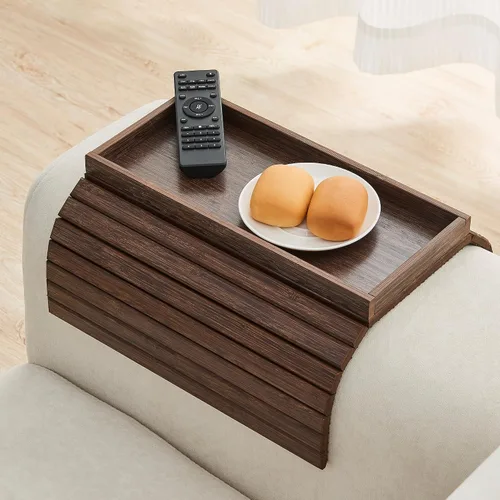 Miniatura 13 de GEHE Bandeja de madera de acacia para sofá, mesa auxiliar plegable para el brazo del sofá, mesa auxiliar con reposabrazos anticaídas, soporte