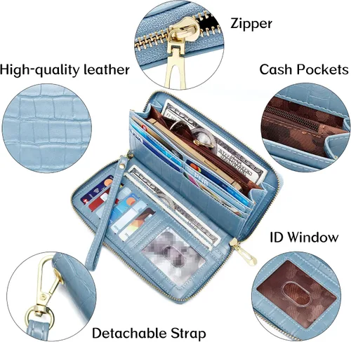 Miniatura 5 de Badiya Cartera para mujer con bloqueo RFID de cuero con cremallera de gran capacidad para tarjetas de crédito bolso largo Azul