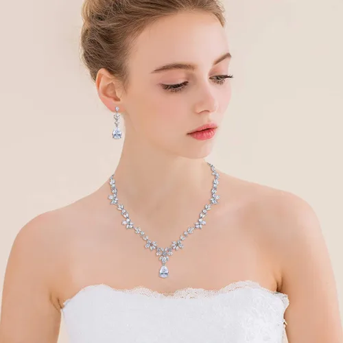 Miniatura 5 de Crysdue Wedding Jewelry Set for Women Floral Necklace Dangle Earrings Bracelet Hair Comb Adjustable Ring Set Cubic Zirconia Elegance Prom Party
