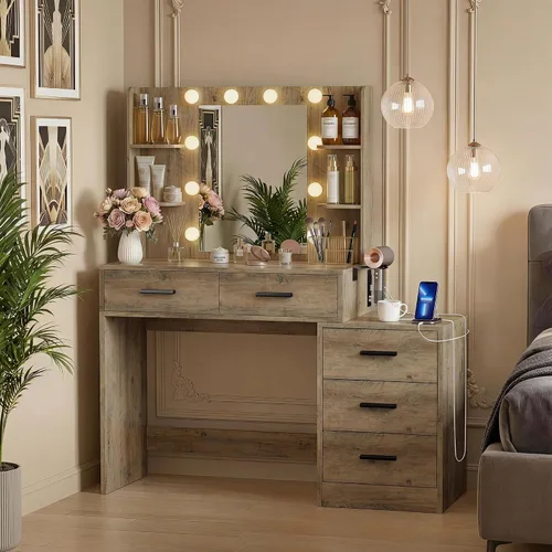 Miniatura 9 de YESHOMY Escritorio de maquillaje con espejo y luces, mesa de tocador con 5 cajones, 6 estantes, estación de carga para dormitorio, vestidor, blanco