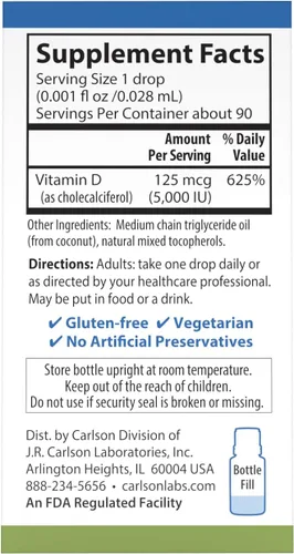 Miniatura 3 de Carlson - Super Daily D3 5,000 UI (125 mcg) por gota, gotas de vitamina D, apoyo inmunológico, salud cardíaca, vitamina D3 líquida, sin sabor, 90