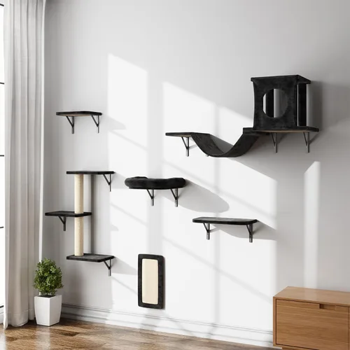 Miniatura 11 de NUNU LAB Juego de muebles para gatos montados en la pared, juego de 6 piezas para escalar con casa, puente, escalones, tabla rascadora - Paredes