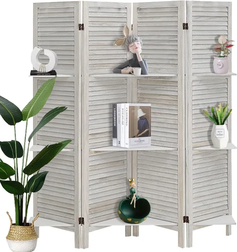Miniatura 11 de Divisor de habitación de 4 paneles con estantes, separadores de habitación y pantallas de privacidad plegables, separadores de habitación plegables