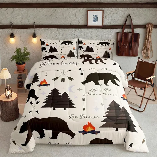 Miniatura 20 de Juego de ropa de cama Happy Camping de Homewish, tamaño individual, con diseño de osos cazadores y pinos, para niños, hombres, adultos, decoración