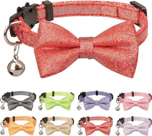 Miniatura 7 de Collar de gato con pajarita brillante para gatos, campanilla, fiesta, boda, fiesta, brillante, 7-11 pulgadas, niña, niño, mascota, color liso