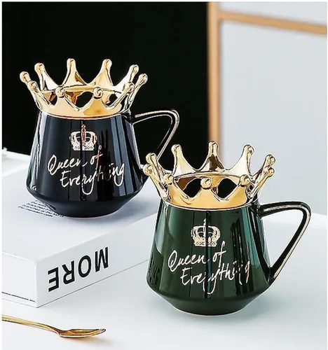 Miniatura 6 de Arawat Queen of Everything - Taza con tapa, taza negra dulce con corona de café, taza de 12 onzas, regalo con cuchara y posavasos, taza de té