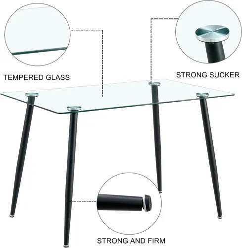 Miniatura 7 de Baysitone Mesa de comedor de cristal para 4 personas con tapa de vidrio rectangular transparente de 51 pulgadas, muebles de cocina de vidrio Negro