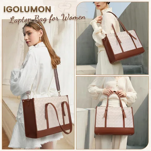 Miniatura 2 de IGOLUMON Bolsa para Laptop para Mujeres de 15.6 Pulgadas de Cuero Vegano Bolsa de Trabajo Tipo Tote Acolchada Maletín para Mujeres Bolsas de Laptop