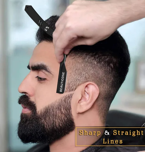 Miniatura 6 de BEAUTICONE Maquinillas de afeitar rectas para hombres, maquinilla de afeitar de borde recto, cuchillas de repuesto de un solo filo, acero Todo negro