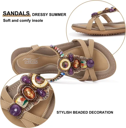 Miniatura 3 de SHIBEVER Sandalias bohemias para mujer de verano con cuentas y tirantes delgados al tobillo, zapatos elegantes
