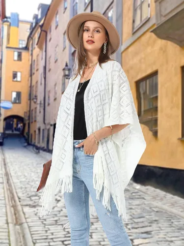 Miniatura 14 de Soul Young - Chal de punto para mujer, poncho con flecos y capa