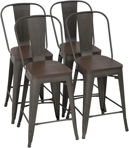 FDW Juego de 4 taburetes de bar de metal de altura de mostrador con respaldo de 24 pulgadas de altura de asiento, sillas de bar industriales,