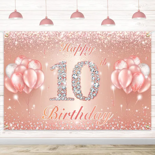 Fondo de pancarta de feliz cumpleaños 10 – Suministros de decoración de fiesta de cumpleaños 10 para niñas o niños – Oro rosa 4 x 6 pies