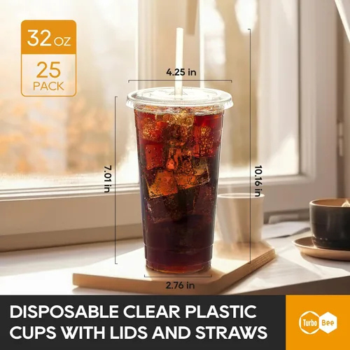 Miniatura 2 de Turbo Bee - 25 juegos de vasos de plástico transparente de 32 oz con tapas y popotes desechables para llevar, vasos con tapas para café helado