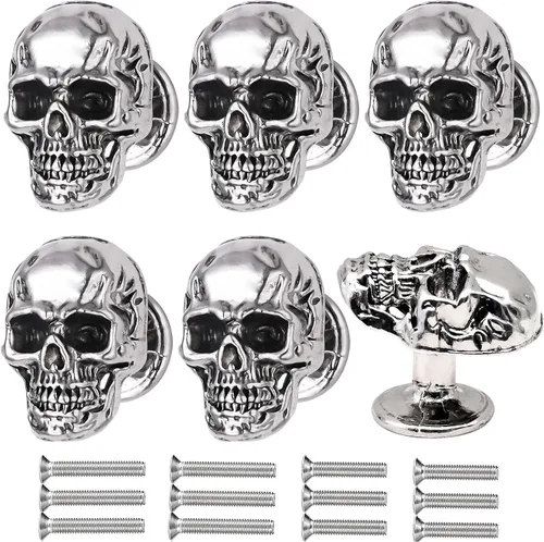 Miniatura 9 de Paquete de 6 pomos de cajón de esqueleto de calavera, tiradores vintage de un solo agujero para armarios de cajones, estanterías, armarios
