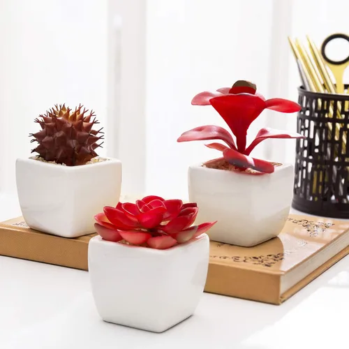 Miniatura 3 de MyGift Surtido de plantas suculentas rojas artificiales, mini plantas falsas del desierto en macetas cuadradas blancas, juego de 3 Rojo (juego de 3)