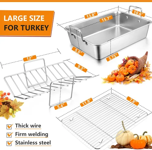 Miniatura 2 de LIANYU Sartén para asar pavo de 14 pulgadas, con 2 estantes, de acero inoxidable resistente, para lasaña profunda, para pavo, pollo, lavavajillas