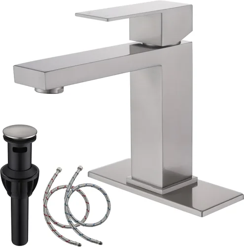 Grifo de baño de un solo agujero, grifo de baño de acero inoxidable de níquel cepillado con tapón emergente, grifo de lavabo de baño AML-1141-BN