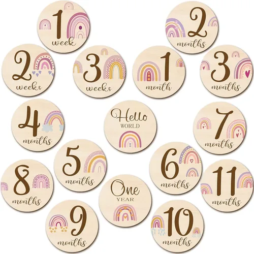 Tiamon 16 tarjetas mensuales de madera para bebé, discos de marcador de hitos mensuales, círculos de madera de doble cara, letreros de meses para